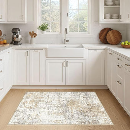 2x4 Rug Washable Runner Rug: Small Abstract Modern Non-Slip Soft Accent Doormat Stain Resistant Floor Throw Mat for Entryway Kitchen Bedroom Nursery Entry Dorm- Gray Gold