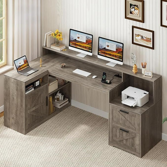 TVU Farmhouse L Shaped Desk with Drawers, 62.2" Home Office Desk with Storage Shelves and Power Outlet, L Shaped Computer Desk with Monitor Stand and Printer Shelf, Gray