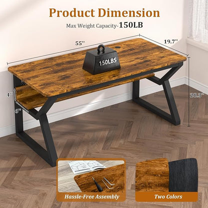 55 inch Computer Desk with Storage Shelf, K-Shaped Office Desk with Sturdy Metal Frame, Writing Gaming Work Desk with Waterproof Surface for Home Office & Bedroom, Rustic Brown