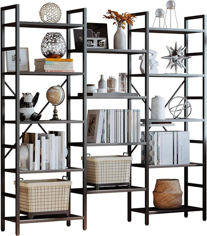 IRONCK Bookcases and Bookshelves Triple Wide 5 Tiers Industrial Bookshelf, Large Etagere Bookshelf Open Display Shelves with Metal Frame for Living Room Bedroom Home Office