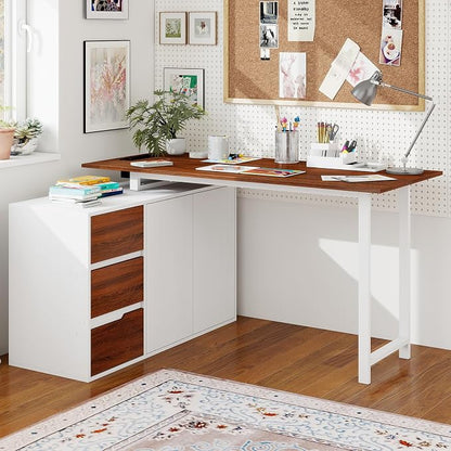 GOFLAME 54.5” L Shaped Computer Desk with Power Outlet, Reversible Corner Desk with File Cabinet and 3 Drawers, PC Desk Study Writing Table Workstation for Home Office, Small Space, Brown & White