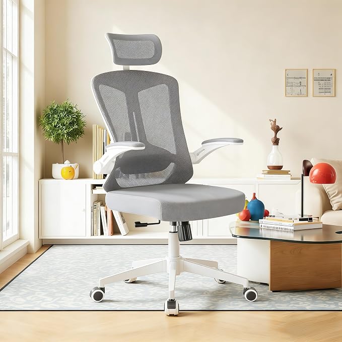 Ergonomic Office Chair - 350LB Comfy Desk Chairs with Adjustable Headrest and Lumbar Back Support, Mesh Computer Chairs with Wheels and Arms for Home Office, Study (Gray-with Headrest)