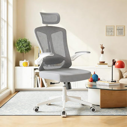 Ergonomic Office Chair - 350LB Comfy Desk Chairs with Adjustable Headrest and Lumbar Back Support, Mesh Computer Chairs with Wheels and Arms for Home Office, Study (Gray-with Headrest)