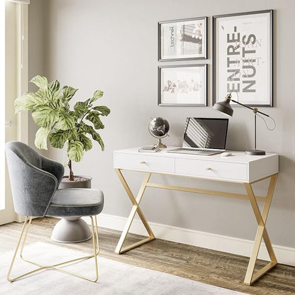BELLEZE Modern 42 Inch Makeup Vanity Dressing Table or Home Office Computer Laptop Writing Desk with Two Storage Drawers, Wood Top, and Gold Metal Frame - Ellena (White)