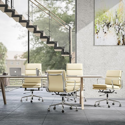 High-Back Executive Genuine Leather Office Chair, with Aluminum Arms and 5-Star Base, Modern Rolling Desk Chair with Silent Wheels, Lumbar Support, High-Adjustable, Tilting for Home & Office