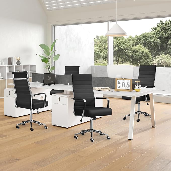 Office Desk Chair, Leather Conference Room Chairs with High Back,Wheels and Arms, Modern Ergonomic Ribbed Height Adjustable Swivel Executive Chair for Home Office (Black)