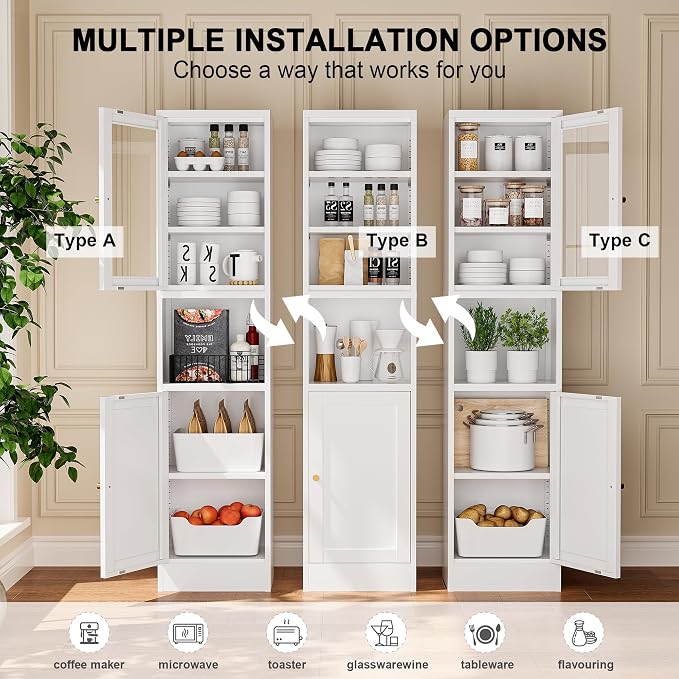 Narrow Glass Door Storage Cabinet Tall Metal Storage Cabinets with 4 Adjustable Shelves Freestanding 5 Tier Slim Pantry Cabinet for Kitchen Office Small Space