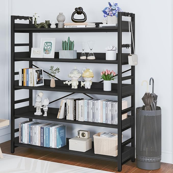 HCHQHS 5 Tier Bookshelf, Adjustable Industrial Bookcase, Vertical Tall Book Shelf, Wood and Black Metal Open Bookshelves for Home Office, Living Room, Bedroom