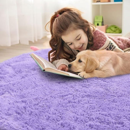 OLANLY Light Purple Round Rugs for Bedroom - Machine Washable, 5 ft Circle Area Rugs for Living Room, Soft and Fluffy Shaggy Carpet for Teen Girls and Boys, Nursery Rooms, Dorms, Home Decor Aesthetic