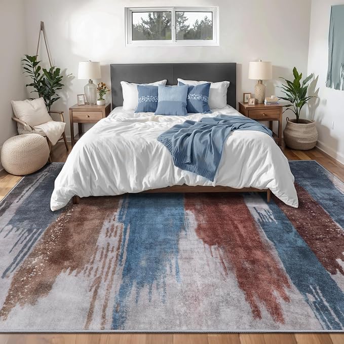 Ciicool Modern Abstract Blue Brown Rug for Living Room, 8'x10' Machine Washable Area Rug Non-Slip Rug, Low-Pile Contemporary Indoor Dining Floor Carpet for Bedroom Office Under Table Home Decor