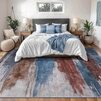 Ciicool Modern Abstract Blue Brown Rug for Living Room, 9'x12' Machine Washable Area Rug Non-Slip Rug, Low-Pile Contemporary Indoor Dining Floor Carpet for Bedroom Office Under Table Home Decor