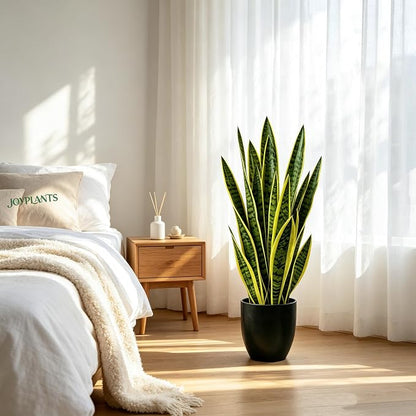 Fake Snake Plant 35'',3ft Artificial Gold Snake Plants Indoor with Black Planter, Realistic Faux Sansevieria Potted for Home Decor, Low Maintenance Greenery for Desk Office Corner Bedroom