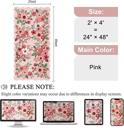DUKINO 2x4 Washable Runner Rugs, Non Slip Floral Print Entryway Rug with Soft Low Pile, Lightweight Mat for Living Room, Bathroom, Bedroom, Kitchen, Pink