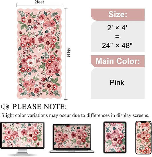 DUKINO 2x4 Washable Runner Rugs, Non Slip Floral Print Entryway Rug with Soft Low Pile, Lightweight Mat for Living Room, Bathroom, Bedroom, Kitchen, Pink
