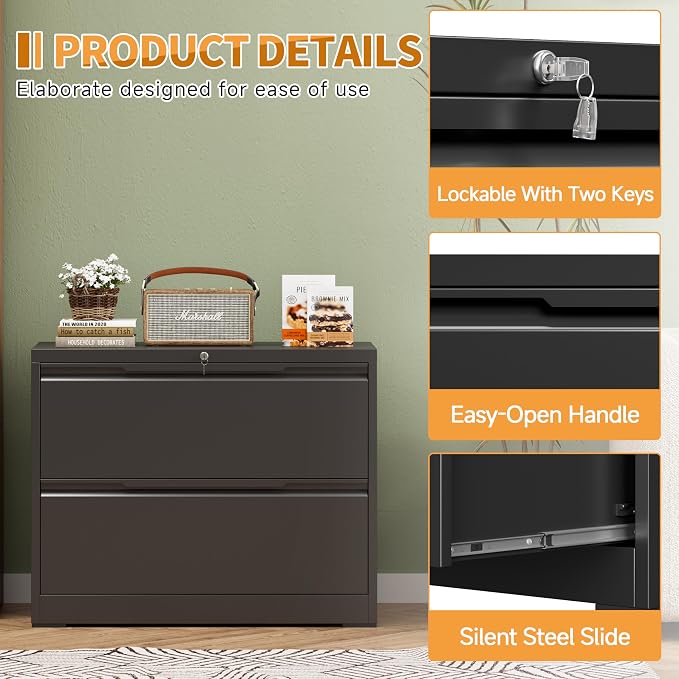 2-Drawer Metal File Cabinet with Lock,Steel Printer Stand with Storage for Home Office,Lateral Filing Cabinet for Legal/Letter/A4 Files,Assembly Required(35.43''W-2 Drawers,Black)