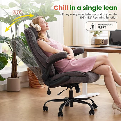 CIOMAN 500lbs Big and Tall Office Chair with Inflatable Lumbar Support for Back Pain, Executive Office Chair with Flip Up Arms and Rocking Function, Wide Cushion Computer Chair for All-Day Sitting