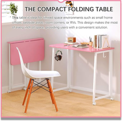 4NM 31.5" Mobile Small Folding Desk, Foldable Rolling Computer Home Office Desk, Study Writing Table for Small Space Saving Bedroom, with Wheels - Pink and White
