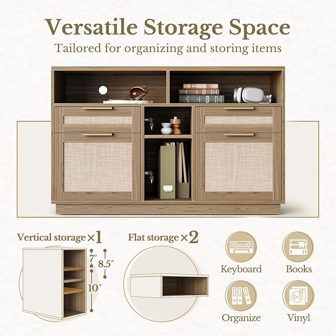 4 Drawer File Cabinet, Fluted Wood Lateral Filing Cabinet with Lock and Charging Station for Home Office, Printer Stand with Open Storage Shelves, Fits A4, Letter Size, Natural Oak