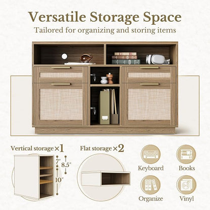 4 Drawer File Cabinet, Fluted Wood Lateral Filing Cabinet with Lock and Charging Station for Home Office, Printer Stand with Open Storage Shelves, Fits A4, Letter Size, Natural Oak