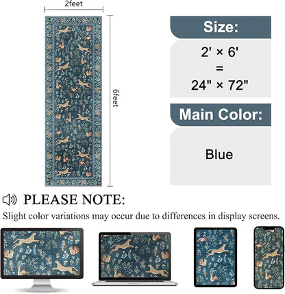 DUKINO 2x6 Rug for Hallway, Washable Kitchen Runner Rug with Non Slip Backing, Soft Low Pile Vintage Animal Runner for Bedroom, Kitchen, Hallway, Entryway, Laundry, Blue