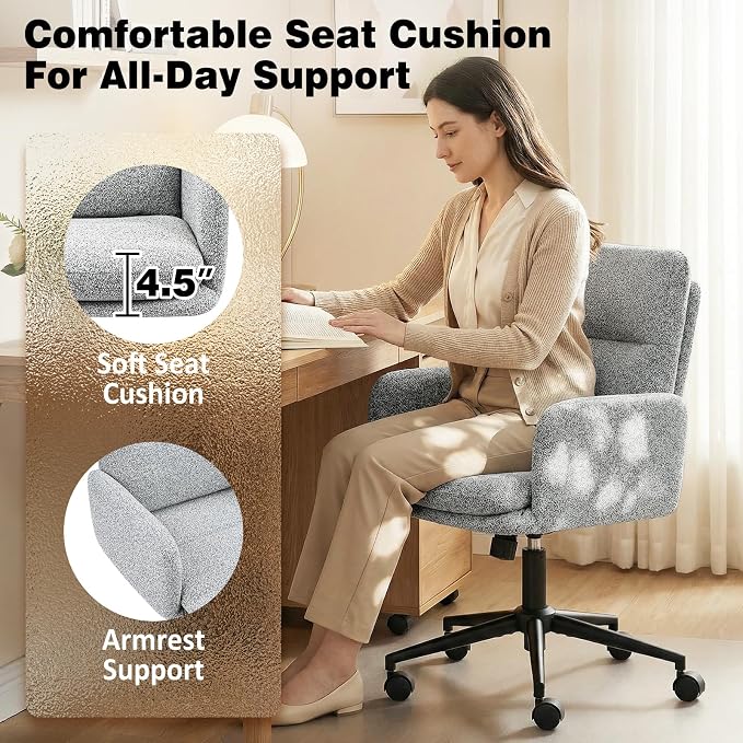 Comfortable Ergonomic Office Chair, Upholstered Desk Chair with Double-Layer Cushioning, Adjustable Height Swivel Task Chair with Padded Armrests, Rolling Wheels and Metal Base, Light Grey