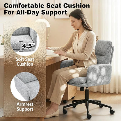 Comfortable Ergonomic Office Chair, Upholstered Desk Chair with Double-Layer Cushioning, Adjustable Height Swivel Task Chair with Padded Armrests, Rolling Wheels and Metal Base, Light Grey