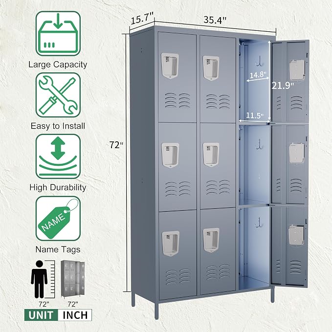9 Door Metal Lockers for Employees,9 Heavy-Duty Hooks,72" Secure Storage for Home,Offices,Schools & Gyms | Gray