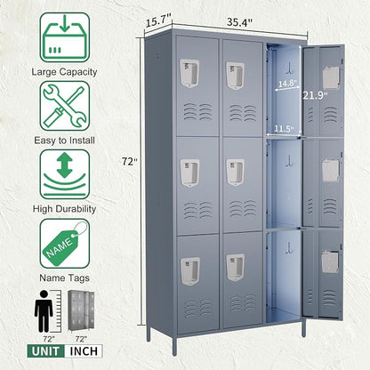 9 Door Metal Lockers for Employees,9 Heavy-Duty Hooks,72" Secure Storage for Home,Offices,Schools & Gyms | Gray