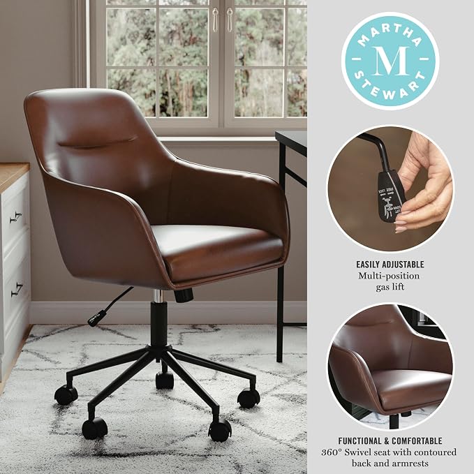 Martha Stewart Rayna Swivel Task Chair with Flared Arms for Home Office in Saddle Brown Faux Leather with Oil Rubbed Bronze Frame
