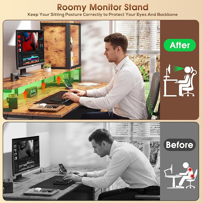 DurayLoly Computer Desk, 47" Desk with Cabinet to Display & RGB Light, Home Office Desks with 3 Drawers for Small Space, 2 AC Power Outlets and 2 Ports, Monitor Stand for Student Bedroom, Brown
