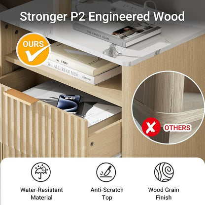 Fluted Nightstand, Night Stand Set 2, 23" Wide Nightstands Set of 2 with Charging Station & Faux Marble Top, 2 Drawer Large End Table w/Storage, Modern Bedside Table for Bedroom,Natural Oak