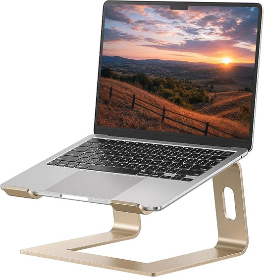 SOUNDANCE Laptop Stand, Aluminum Computer Riser, Ergonomic Laptops Elevator for Desk, Metal Holder Compatible with 10 to 15.6 Inches Notebook Computer, Gold