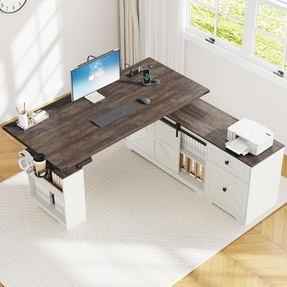 St.Mandyu 63" L Shaped Electric Standing Desk with File Drawer & Sliding Door, Height Adjustable Sit Stand Corner Computer Desk with Power Outlets, Drawers & Cup Holder for Home Office, White