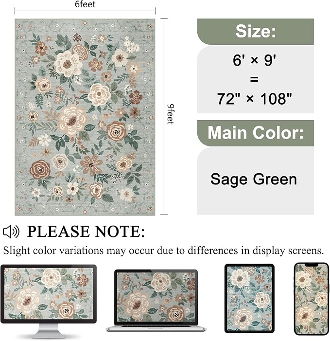 DUKINO 6x9 Area Rug, Floral Rugs for Living Room, Lightweight Non Slip Washable Indoor Low Pile & Non-Shedding Boho Design Carpet for Bedroom, Living Room, Dining Room, Sage Green
