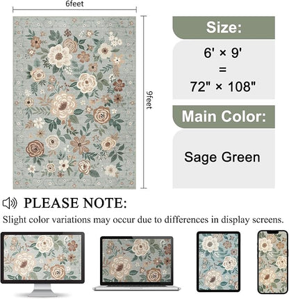 DUKINO 6x9 Area Rug, Floral Rugs for Living Room, Lightweight Non Slip Washable Indoor Low Pile & Non-Shedding Boho Design Carpet for Bedroom, Living Room, Dining Room, Sage Green