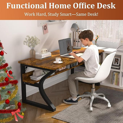 55 inch Computer Desk, Home Office Desk with Storage Shelf, Sturdy U-Shaped Metal Frame Study Table with Cable Management, Gaming Desk for Office & Bedroom (Rustic Brown, 55inch)