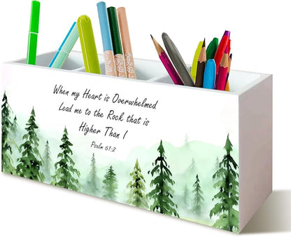 Inspirational Christian Woods Pen Holder for Desk, Christian Religious Gifts for Women Men, Psalm 61:2 Bible Verses Wooden Pen Pencil Holder Organizer for Home Office Desk Accessories