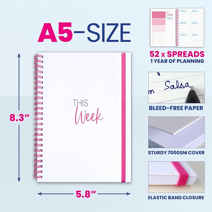 Weekly Planner Spiral Bound Notebook A5 - Undated Planner - To Do List Notebook - Habit Tracker - 52 Weeks - Daily Planner Undated for Home Work Office Business - Goal Planner - Cute Planner - Pink