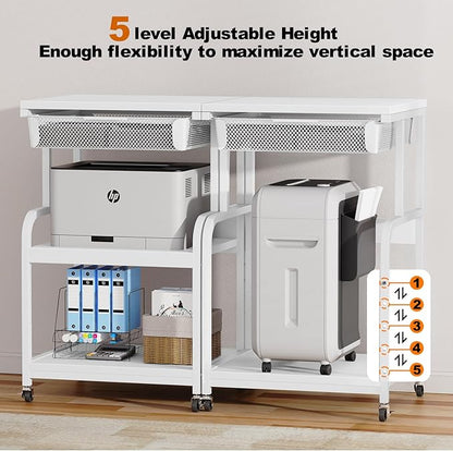 EasyCom Large 3-Tier Rolling Printer Stand with Storage Drawer & 5 Adjustable Shelves Mobile Cart with Industrial Wheels for Home Office Desk Fits 3D Printer, Scanner, and Fax White
