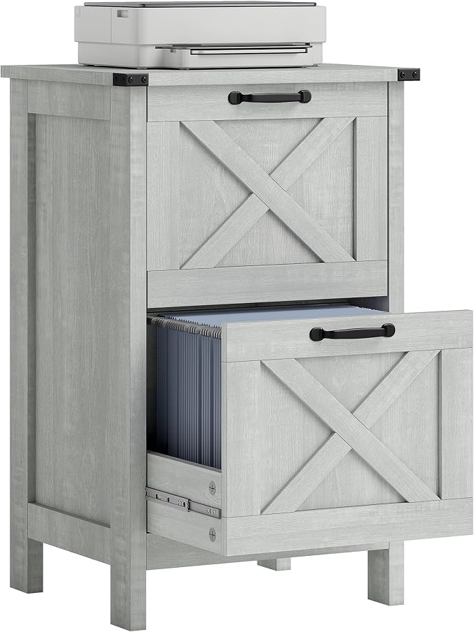 HOMCOM 2 Drawer Vertical File Cabinet with Silent Slides, Rustic Farmhouse Filing Cabinet with Barn Doors for A4/Letter Size, Printer Stand with Storage for Home Office, Distressed Light Gray