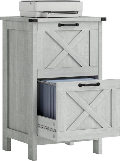 HOMCOM 2 Drawer Vertical File Cabinet with Silent Slides, Rustic Farmhouse Filing Cabinet with Barn Doors for A4/Letter Size, Printer Stand with Storage for Home Office, Distressed Light Gray