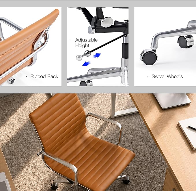 Faux Leather Office Chair with Arms, Lockable Tilt-Back Desk Chair with Aluminum Alloy Base, Adjustable Executive Computer Chair with Wheels for Home Office, Meeting Room, TAN