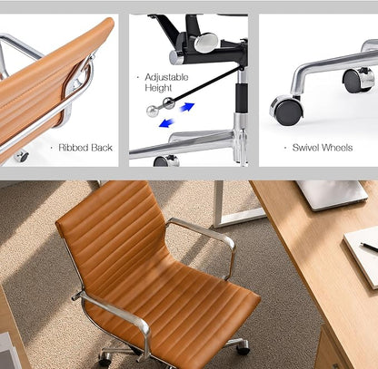 Faux Leather Office Chair with Arms, Lockable Tilt-Back Desk Chair with Aluminum Alloy Base, Adjustable Executive Computer Chair with Wheels for Home Office, Meeting Room, TAN