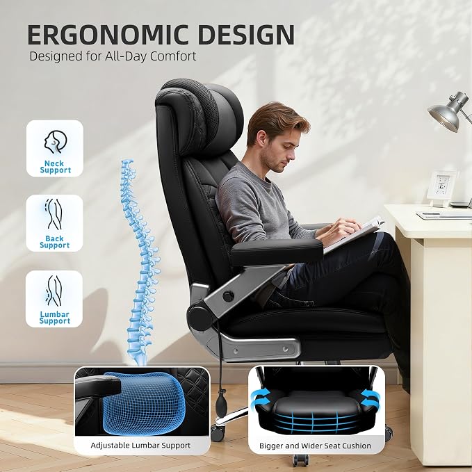 Big and Tall Office Chair, Desk Computer Chair for Heavy People, Oversized Executive Gaming Chair, Extra Wide 500LBS Ergonomic Comfy Office Chair with Adjustable Lumbar Support & 5D Flip Arms