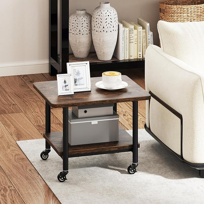 GOFLAME Under Desk Printer Stand, 2-Tier Industrial Mobile Printer Table with Storage Shelf, Metal Frame, Rolling Printer Cart Holder Storage Rack with Lockable Wheels for Home Office, Brown