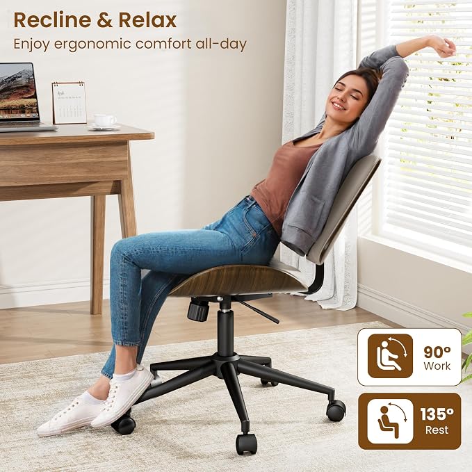 REONEY Home Armless Office Chair, Modern Walnut Desk Chair with Wheels, Adjustable Swivel Rolling Task Chair with Curved Back for Reading,Meeting Room,Beige