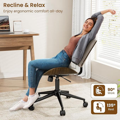 REONEY Home Armless Office Chair, Modern Walnut Desk Chair with Wheels, Adjustable Swivel Rolling Task Chair with Curved Back for Reading,Meeting Room,Beige