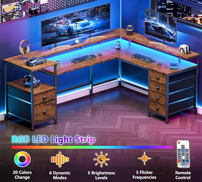 Furologee 66" Reversible L Shaped Gaming Desk with 6 Drawers & Printer Storage Shelves, Corner Computer Desk with Power Outlets & LED Lights, Home Office Table with Monitor Stand, Rustic Brown