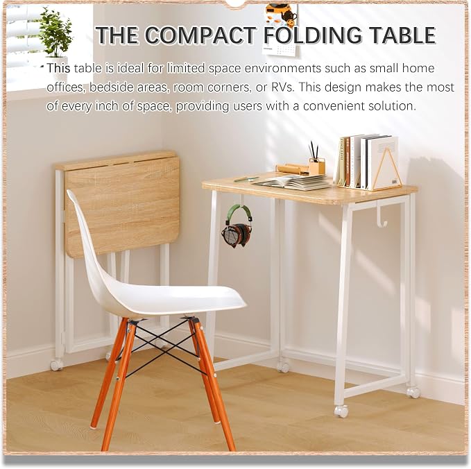 4NM 23.6" Mobile Small Folding Desk, Foldable Rolling Computer Home Office Desk, Study Writing Table for Small Space Saving Bedroom, with Wheels - Natural and White