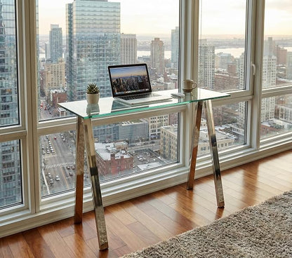 Cortesi Home Trixie Glass Top Desk/Console Table with Stainless Steel Frame, 40"
